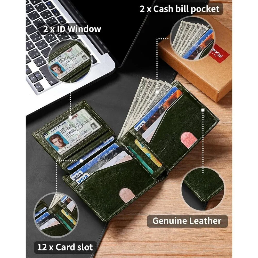 Men's Classic Bifold Wallet Card Green Style Genuine Leather 2 Cash Pockets